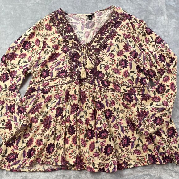 Torrid Top 3 3X Cream Purple Lace Up Tassel Embroidery Babydoll Crepe Challis - Picture 1 of 12